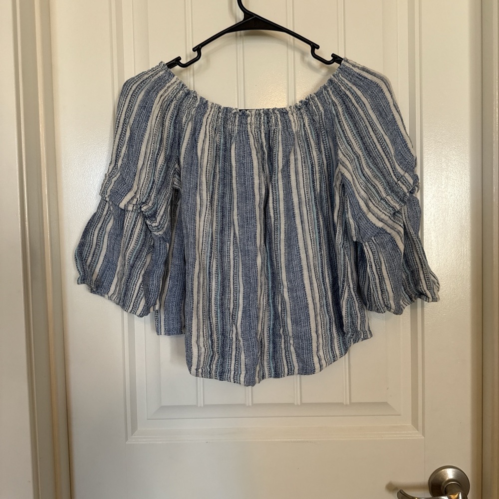 Sneak Peek Blue and Cream Off-Shoulder Blouse